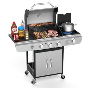 3-Burner Propane Gas Grill with Side Burner,Stainless Steel BBQ Grill with Porcelain-Enameled Cast Iron Grates,37000 BTU Barbecue Grill, Suitable for Patio,Camping,Outdoor Cooking 3-Burner Propane Gas Grill with Side Burner,Stainless Steel BBQ Grill with Porcelain-Enameled Cast Iron Grates,37000 BTU Barbecue Grill, Suitable for Patio,Camping,Outdoor Cooking